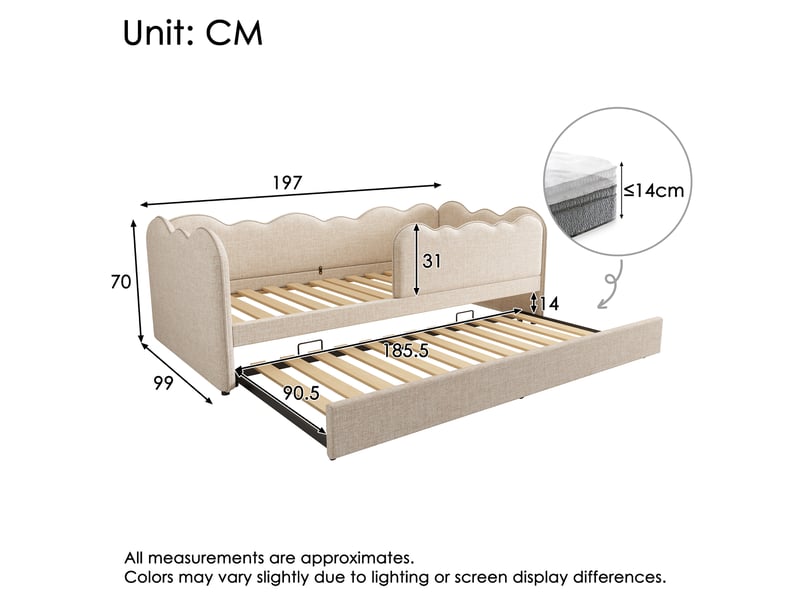  Canape lit rembourré 90x190 cm avec lit gigogne, lit enfant avec sommier à lattes, cadre de lit 1 personne, beige, lin  - Conforama C