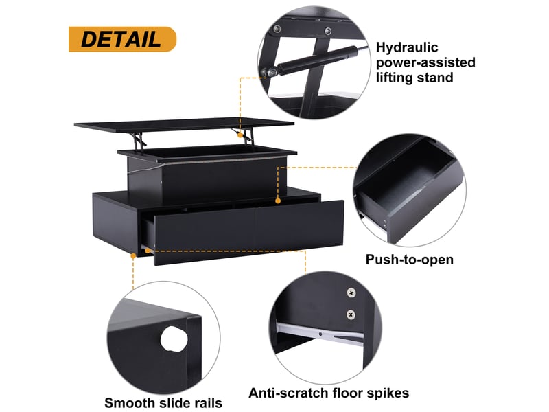  Table basse, avec éclairage led, avec 4 tiroirs, 90 x 55 x h 41–54 cm, noir, rangement pratique, structure en panneau de particules, style moderne Luxe haut de gamme - Conforama D