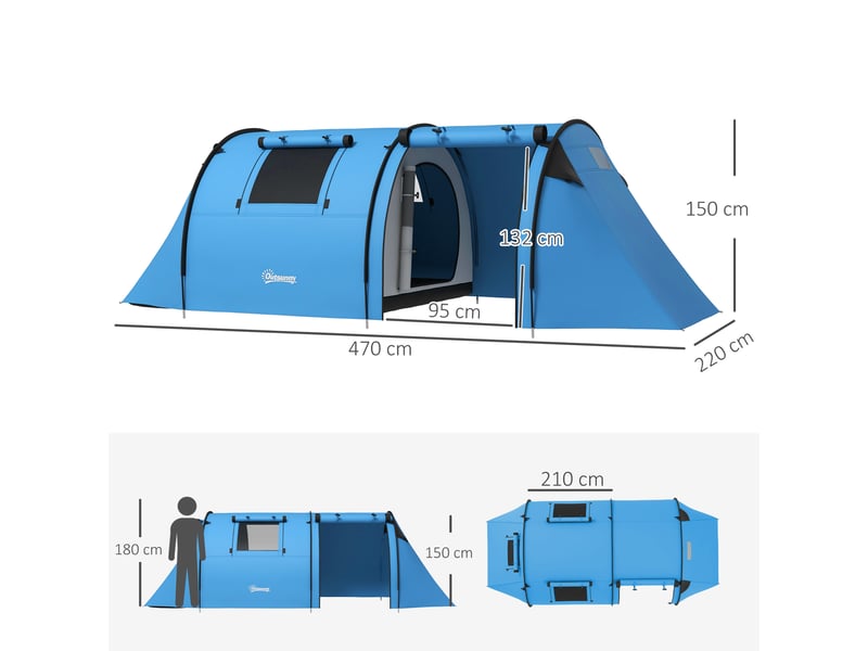  Tente de camping pour 3-4 personnes, stable, imperméable, familiale avec chambresalon, imperméabilité 3000 mm, bleu ciel  - Conforama E