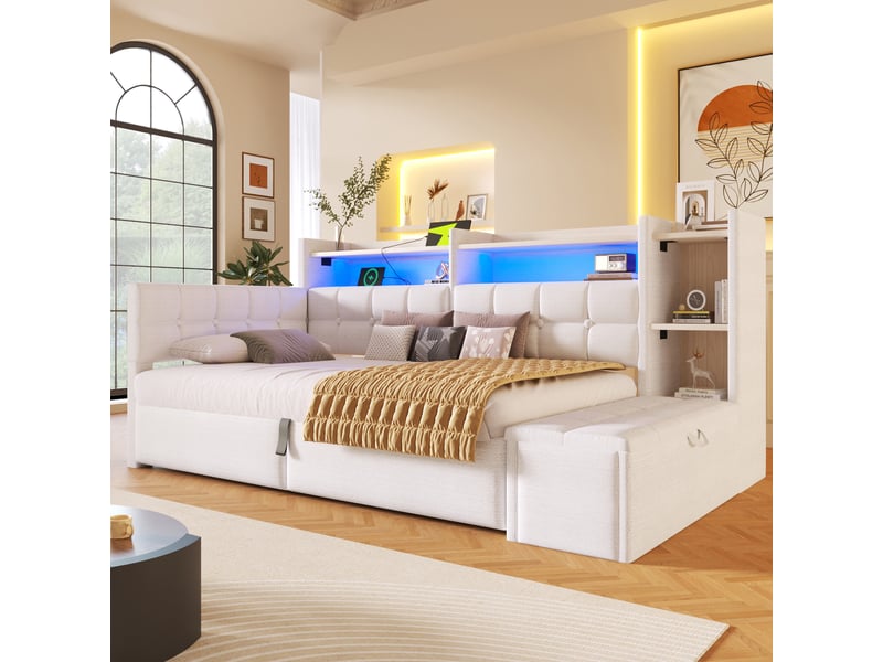  Canapé-lit 90x200 cm, lit enfant, couchage d'appoint, rangement hydraulique, led, usb et usb-c, velours blanc  - Conforama C