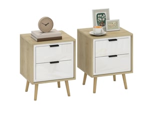 Ensemble de 2 tables de chevet modernes avec 2 tiroirs coulissants silencieux 40 x 35 x 50 cm blanc brillant et chêne