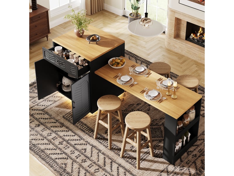  Îlot de cuisine led 60-113 × 70 × 95,5 cm, meuble bar avec table coulissante, desserte buffet fixe avec 2 tiroirs, 4 portes, noir ABC - Conforama B