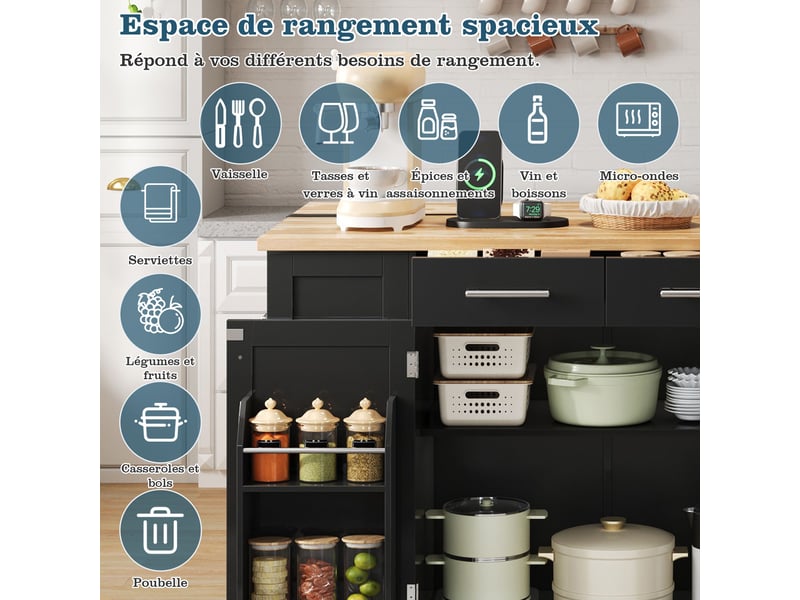 Îlot central de cuisine extensible noir 138x86x92cm réglable roulettes usb et prise rangement mdf cuisine rangement pratique moderne - Conforama D