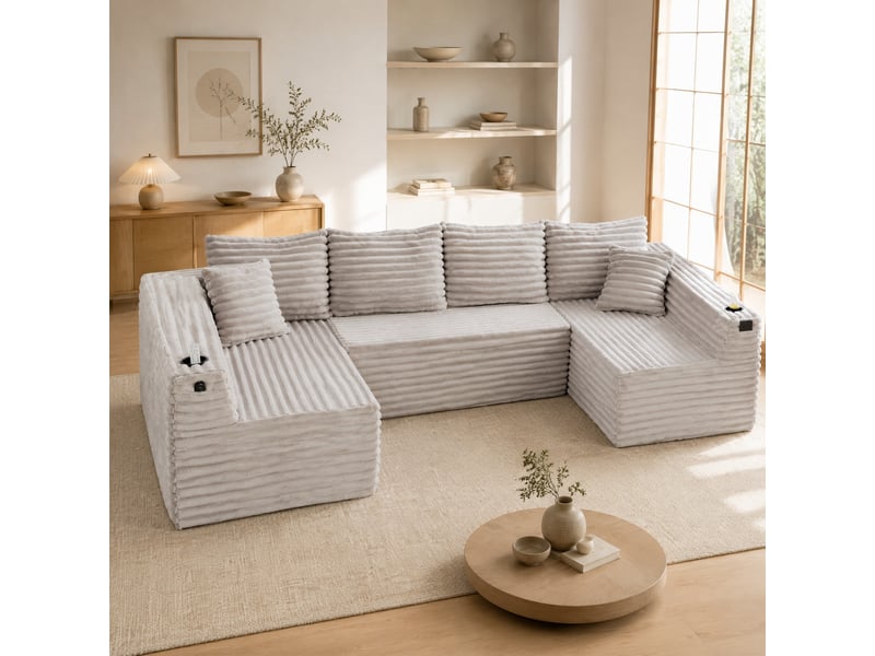 Canapé modulable en u modenvie 6 places 320 x 155 cm velours côtelé gris clair - Conforama B