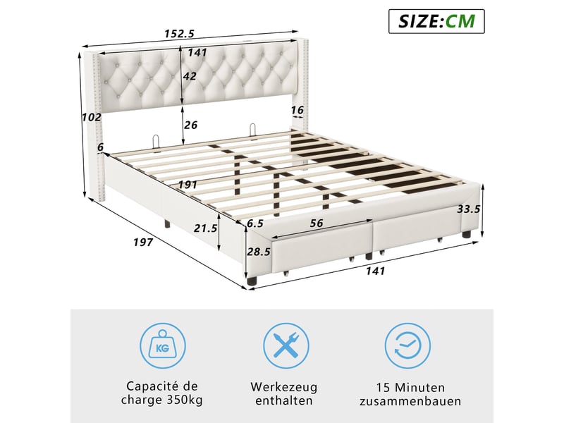  Lit 140 x 190 cm avec sommier ,lit double avec 2 tiroirs et led,usb,cadre de lit 140x190 cm ,lit rembourré,velours,beige  - Conforama C