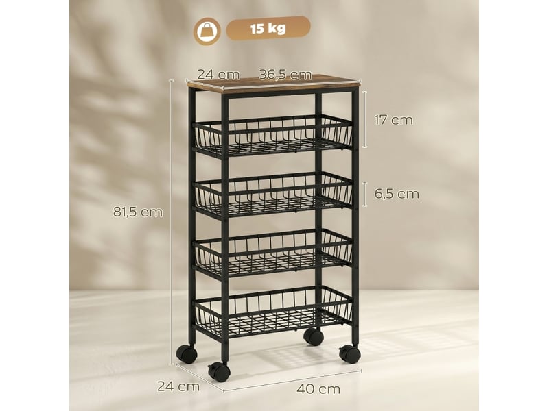  Desserte 40x24x81,5 cm 4 paniers coulissants mdf marron rustique et noir  - Conforama E