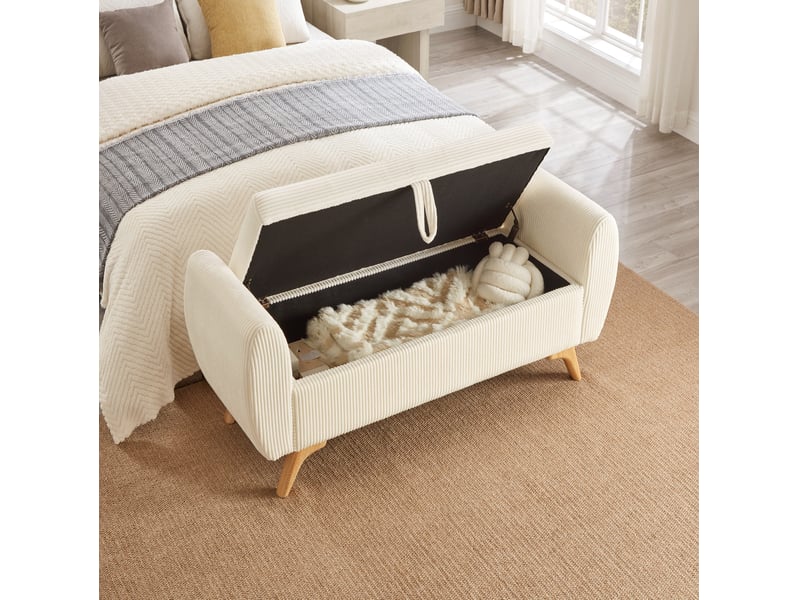  Banc de rangement pliable 145 x 51 x 57 cm en velours côtelé beige, avec pieds en bois  - Conforama E