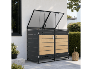 Coffre de jardin en fer avec couvercle hydraulique bardage aspect bois horizontal ventilation à fentes longues et serrure