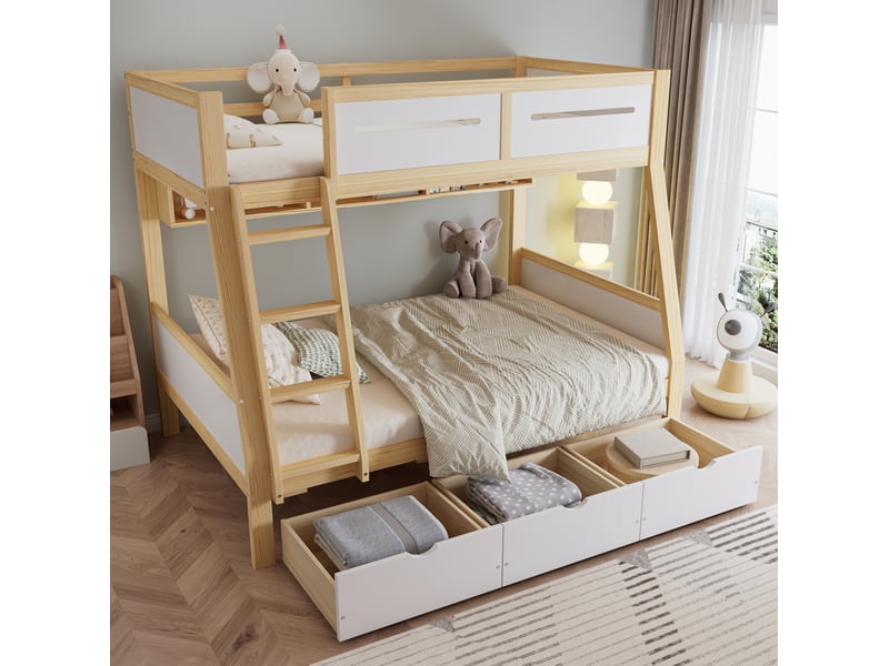 Lit superposé pour enfants 90x200120x200 cm, 3 tiroirs, échelle, blanc et bois - Conforama B