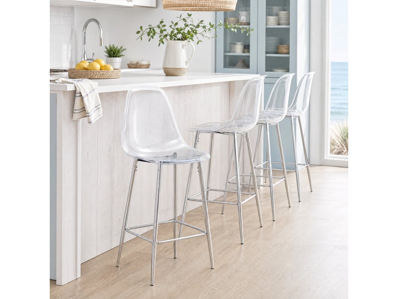  Tabouret de bar transparent avec repose-pieds, structure métallique et style moderne, en plastique argent  - Conforama C