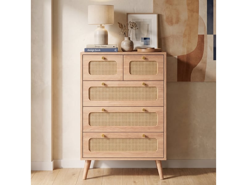  Commode 60 cm effet rotin, 5 tiroirs, buffet 60, commode chambre, meuble de rangement, style scandinave, chêne clair  - Conforama B