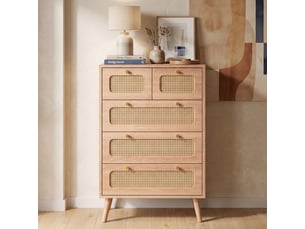 Commode 60 cm effet rotin, 5 tiroirs, buffet 60, commode chambre, meuble de rangement, style scandinave, chêne clair