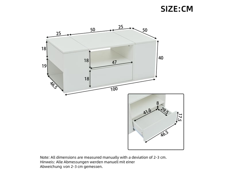 Table basse 100x50x40 cm blanche brillante avec led, tiroir et rangements  - Conforama C