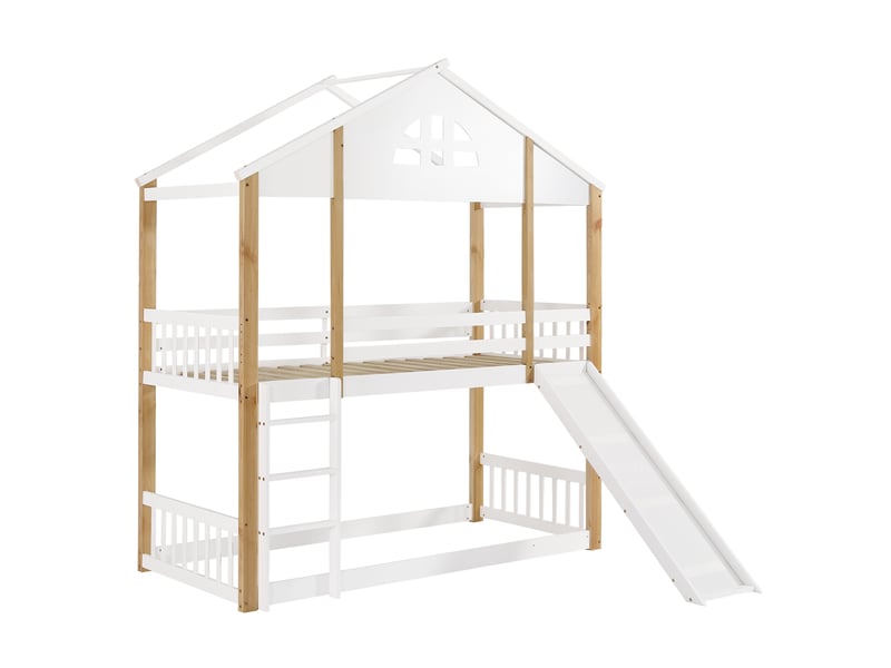  Lit superposé enfant avec fenêtres, échelle angulaire, toboggan et barrières, 90x200cm, blanc et naturel  - Conforama A