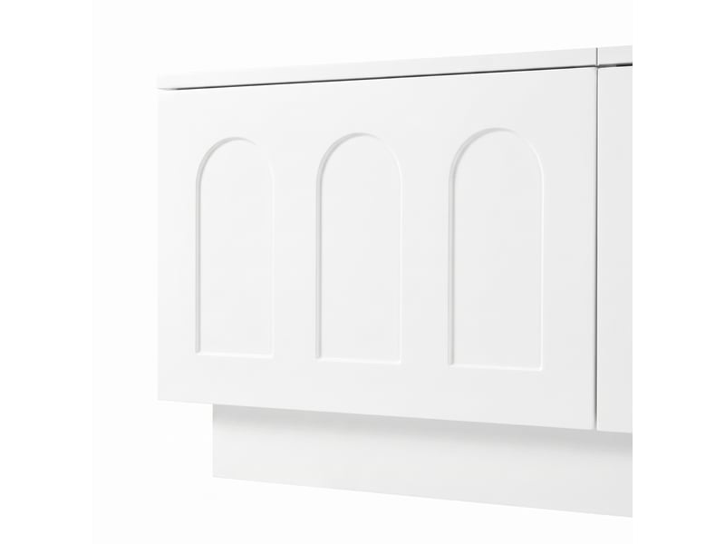  Meuble tv blanc avec éclairage led contrôlé par application, 4 portes, vitres ovales, passe-câbles  - Conforama E