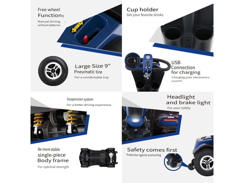  Scooter électrique de mobilité pour seniors 300 w, charge 136 kg, autonomie jusqu’à 25 km, appuie-tête pivotant à 360°, bleu  - Conforama C