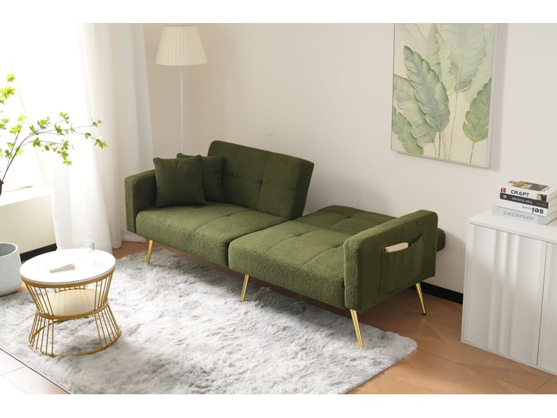  Canapé droit 2 pl convertible, clic clac, style simple, canapé confort, pied en métal, tissu bouclette vert  - Conforama B