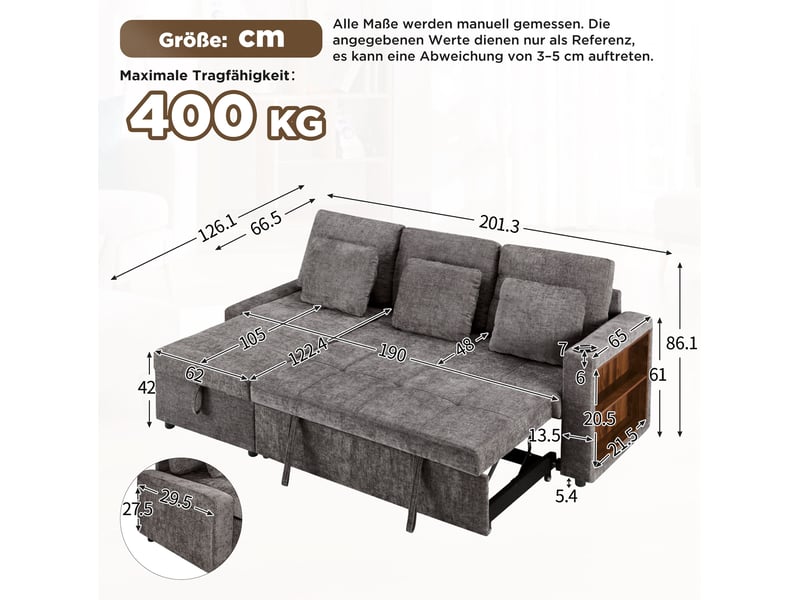  Canapé-lit 3 places 201,3x126,1x86,1 cm avec fonction convertible, rangement, porte-gobelet en tissu chenille gris  - Conforama C