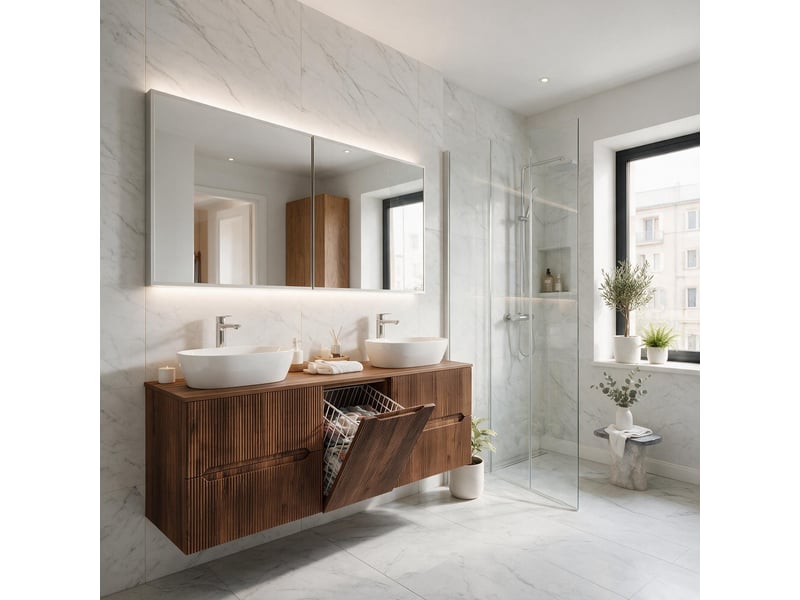  Ensemble salle de bain avec panier à linge novo l.160 cm effet noyer warmia  - Conforama B