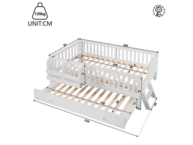  Lit plateforme en bois 90x200 avec barrière de sécurité et méridienne, blanc  - Conforama E