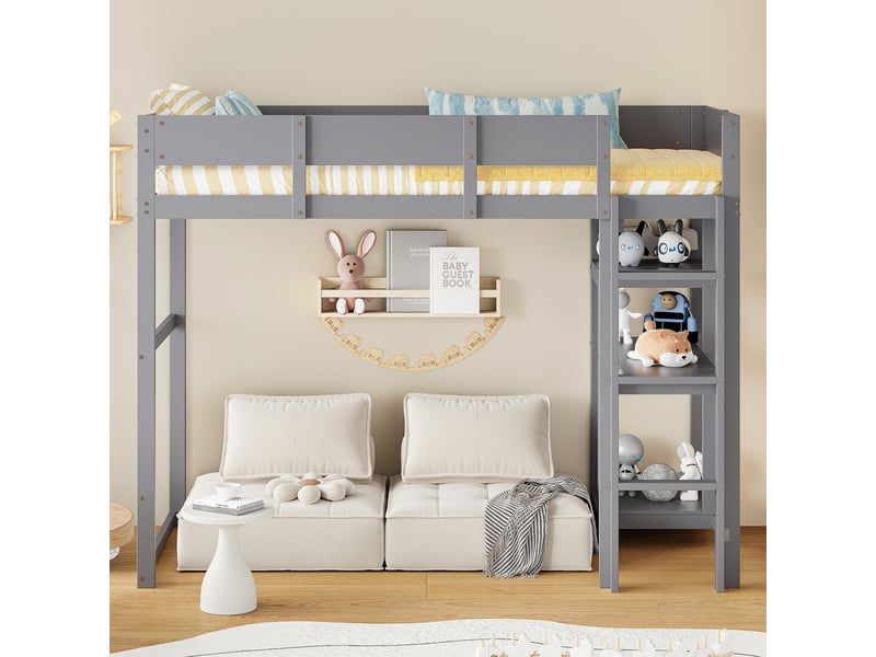  Lit mezzanine enfant 90 x 200 cm avec étagère, sommier à lattes, gris  - Conforama D