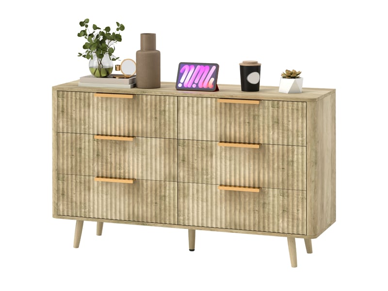  Commode 6 tiroirs scandinave avec poignées et pieds de pin, pour chambre à coucher, salon, couloir, 120x40x76cm, chêne  - Conforama B