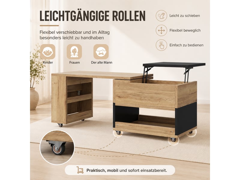  Table basse extensible avec plateau relevable et rangement - lpospi - élément pivotant, bois d’ingénierie naturel noir  - Conforama E