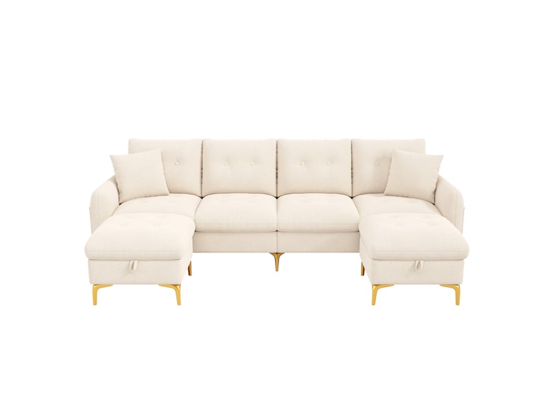  Canapé en u modulable 4 places beige en tissu chenille avec coffres  - Conforama A
