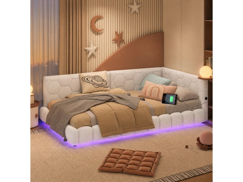 Canapé-lit 90x200cm, tête de lit, dossier et sommier, lit simple avec avec éclairage led, recharge, lit enfant et adulte, velours blanc, sans matelas - Conforama B