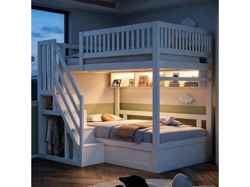 Lit superposé 250 × 200 cm – avec escalier de rangement – avec étagères – avec éclairage led – avec prise électrique – blanc (matelas non inclus) - Conforama E
