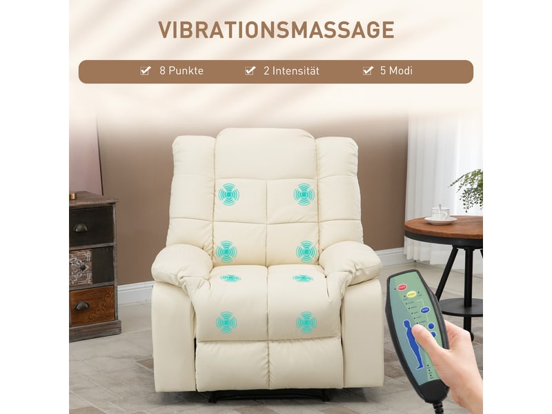 Fauteuil massant électrique crème, 8 points, dossier inclinable à 165 degrés et repose-pieds manuel pour salon et lecture - Conforama B