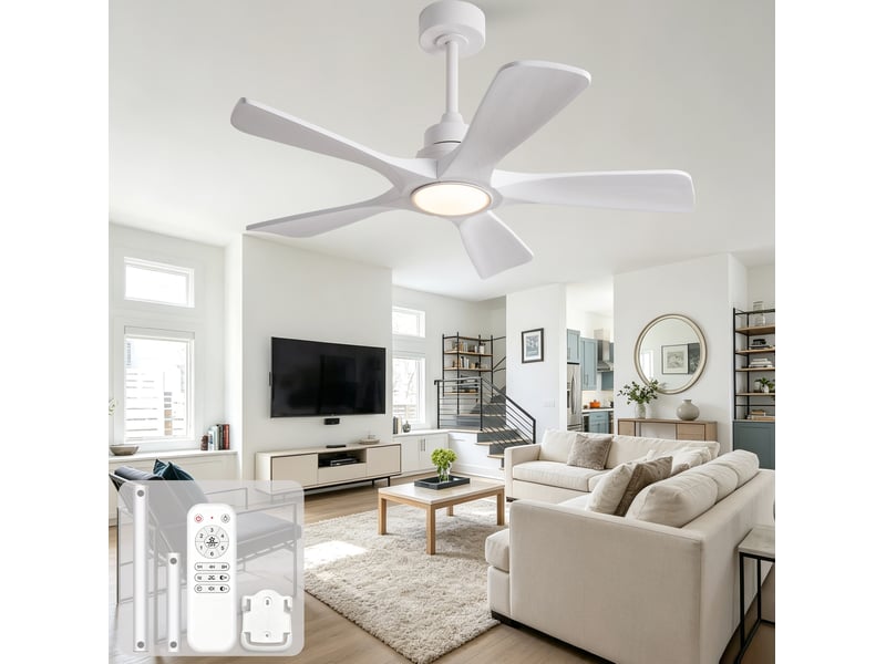  Ventilateur de plafond 106x106x34,5 cm blanc à 5 pales avec led et télécommande  - Conforama B