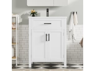 Meuble vasque salle de bain blanc 60 cm avec lavabo céramique intégré, tiroirs et étagères réglables
