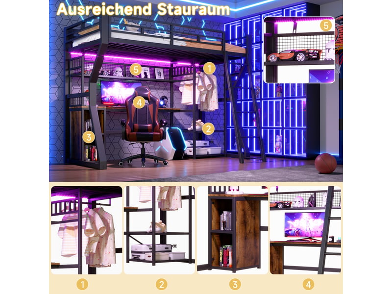  Lit mezzanine 90 x 200 cm en métal, led, prise, penderie, bureau, rangements, sans matelas, noir  - Conforama E