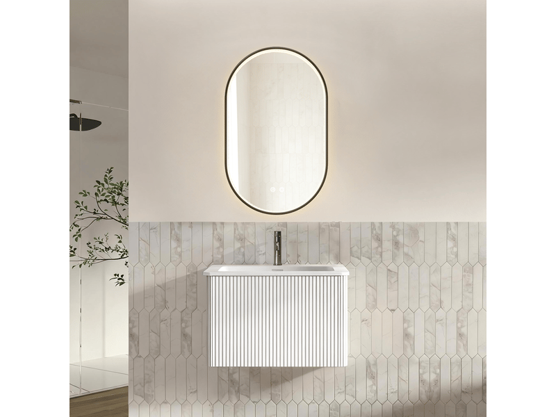  Ensemble meuble de salle de bain 60 cm avec vasque, miroir led 50x80 cm, blanc  - Conforama B