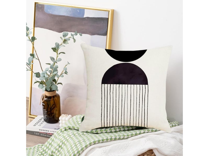  Lot de 4 housses de coussin décoratives de style bohème en coton et lin avec fermeture éclair, motif arche et soleil, 45 x 45 cm, noir et blanc  - Conforama B