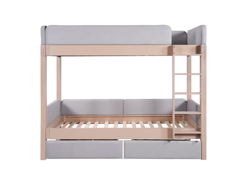  Lit superposé pour enfant, bords en mousse anti-choc, escalier droit à quatre marches, deux tiroirs, sommier à lattes robuste, bois d'hévéa et mdf, gris et naturel, 90 x 200 cm  - Conforama D