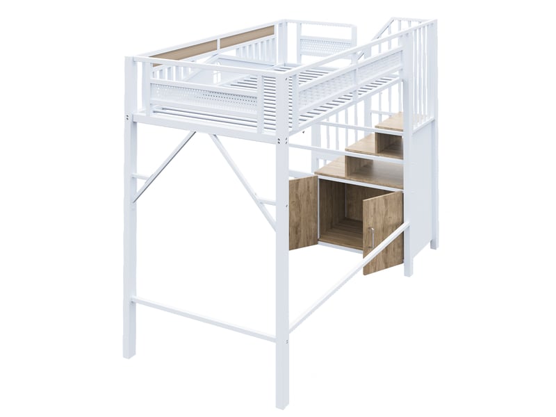  Lit mezzanine métal 90 x 200 cm rangement marches, barrière patchwork fenêtre, sous-lit, mdf, blanc sans matelas  - Conforama E
