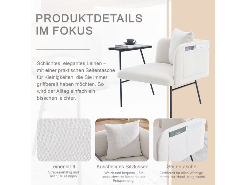  Fauteuil avec table d'appoint et deux poches latérales, dossier incurvé en chenille beige, 86 × 72 × 71 cm  - Conforama E