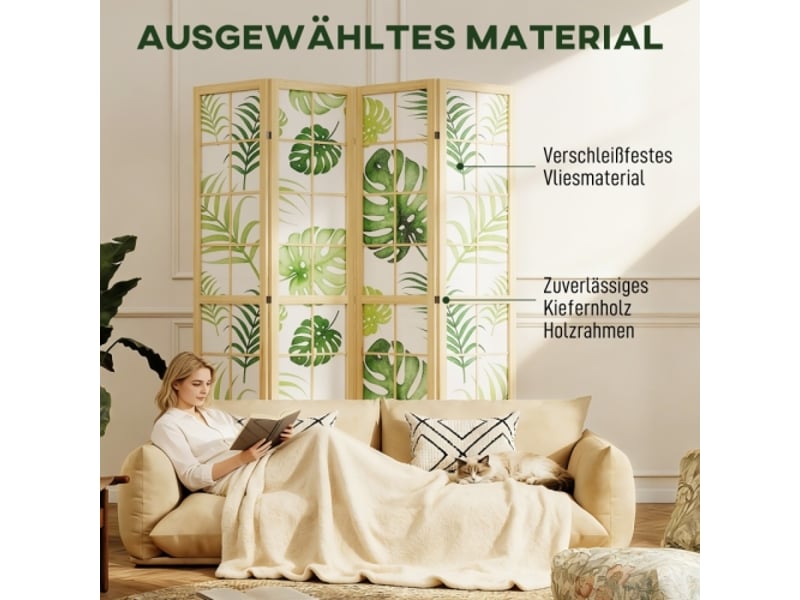 Paravent 4 Panneaux Pliable Style Bohème Motif Tropical Cadre en Bois Vert, Séparateur de Pièce Décoratif - Conforama D
