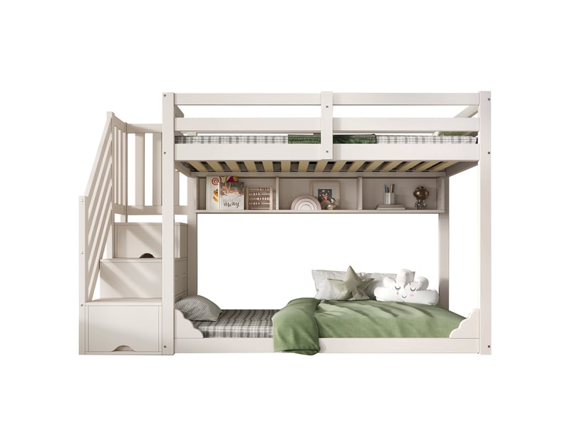  Lit superposé 90x200 cm avec escalier rangement et sommier à lattes, sans matelas  - Conforama R