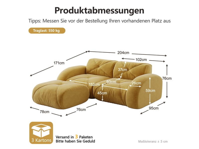 Canapé modulable, canapé 2 places – en tissu chenille, mousse haute densité, jaune, base antidérapante, avec pouf - Conforama D