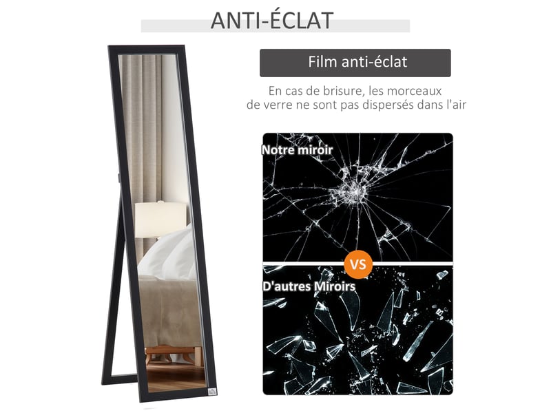  Miroir sur pied et mural rectangulaire miroir de sol pleine longueur dressing chambre salon noir dim. 37l x 37l x 154h cm  - Conforama W