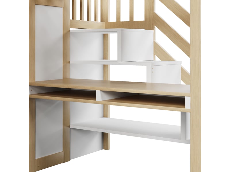 Lit mezzanine 90x200 cm blanc et bois naturel, avec bureau, rangements, placard, escalier de rangement, tableau, led, sommier inclus, sans matelas - Conforama E
