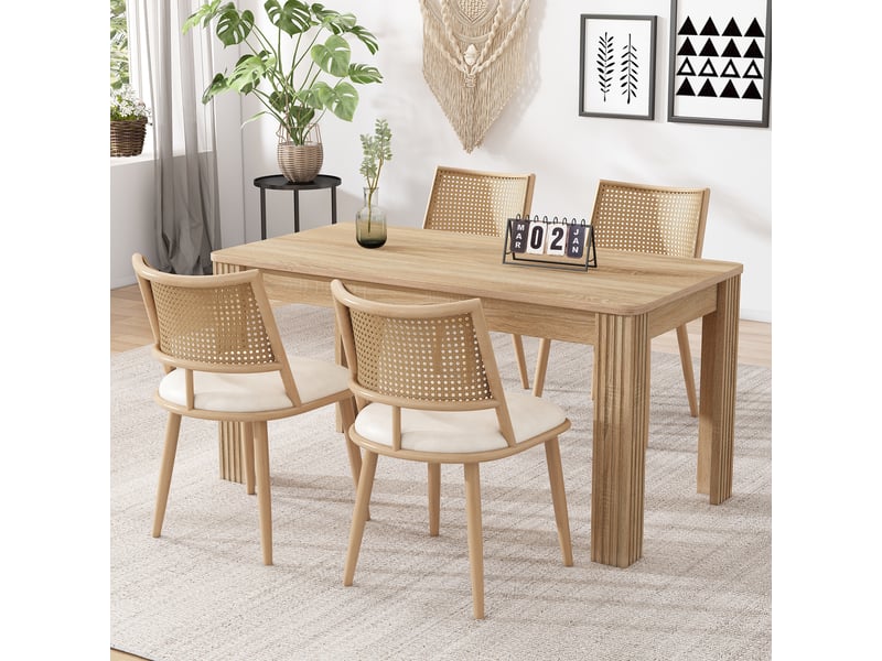  Lot de 4 chaises de salle à manger avec dossier en rotin  - assise rembourrée en pu beige  - Conforama C