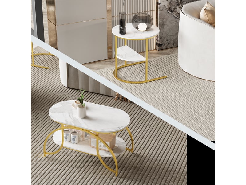  Table basse à imitation marbre blanc, pieds métalliques dorés, étage de rangement, style moderne pour salon  - Conforama D