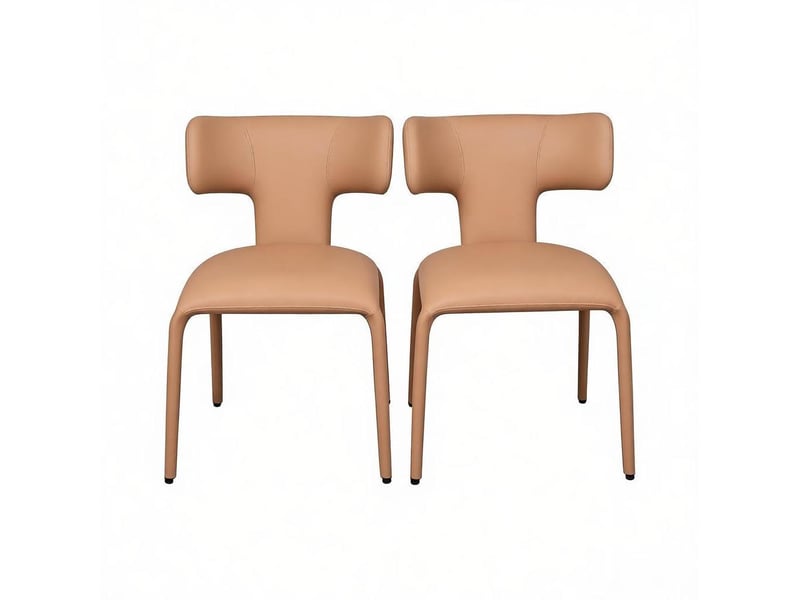  Chaise de salle à manger lot de 2 avec dossier incurvé et assise rembourrée en similicuir marron clair  - Conforama A