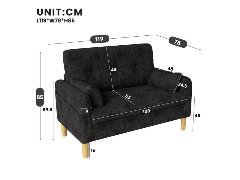  Canapé 2 places - 119x78x85 cm - canapé de salon divan lounge avec coussins et chenille - gris  - Conforama E
