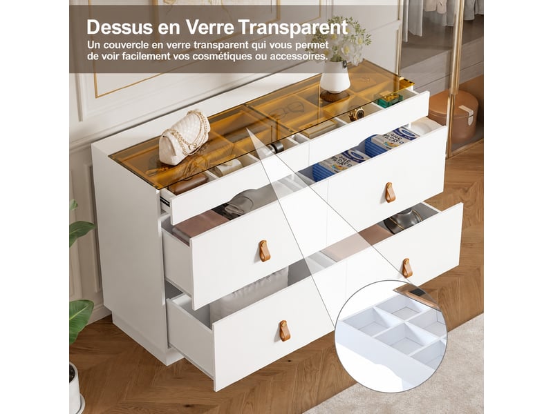 Commode à bijoux blanche 6 tiroirs, plateau en verre trempé, compartiments, 120 x 40 x 78 cm  - Conforama D