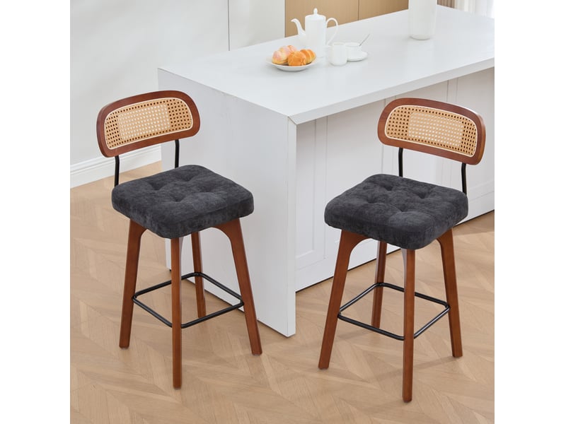  Tabouret de bar lot de 2 pivotant à 360° avec dossier en rotin, assise rembourrée et repose-pieds en chenille noir  - Conforama B